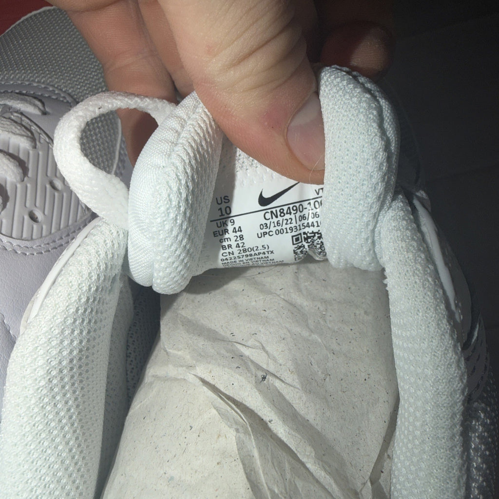 Nike Air Max 90 Size 10 Triple White/Wolf Grey, CN8490-100 TRIED ON