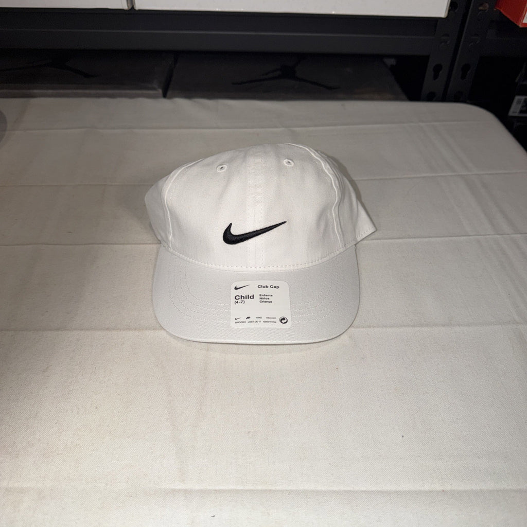Nike Cap Adjustable Strap Boys Hat Size 4-7 White W Black Swoosh NEW 0018-0024