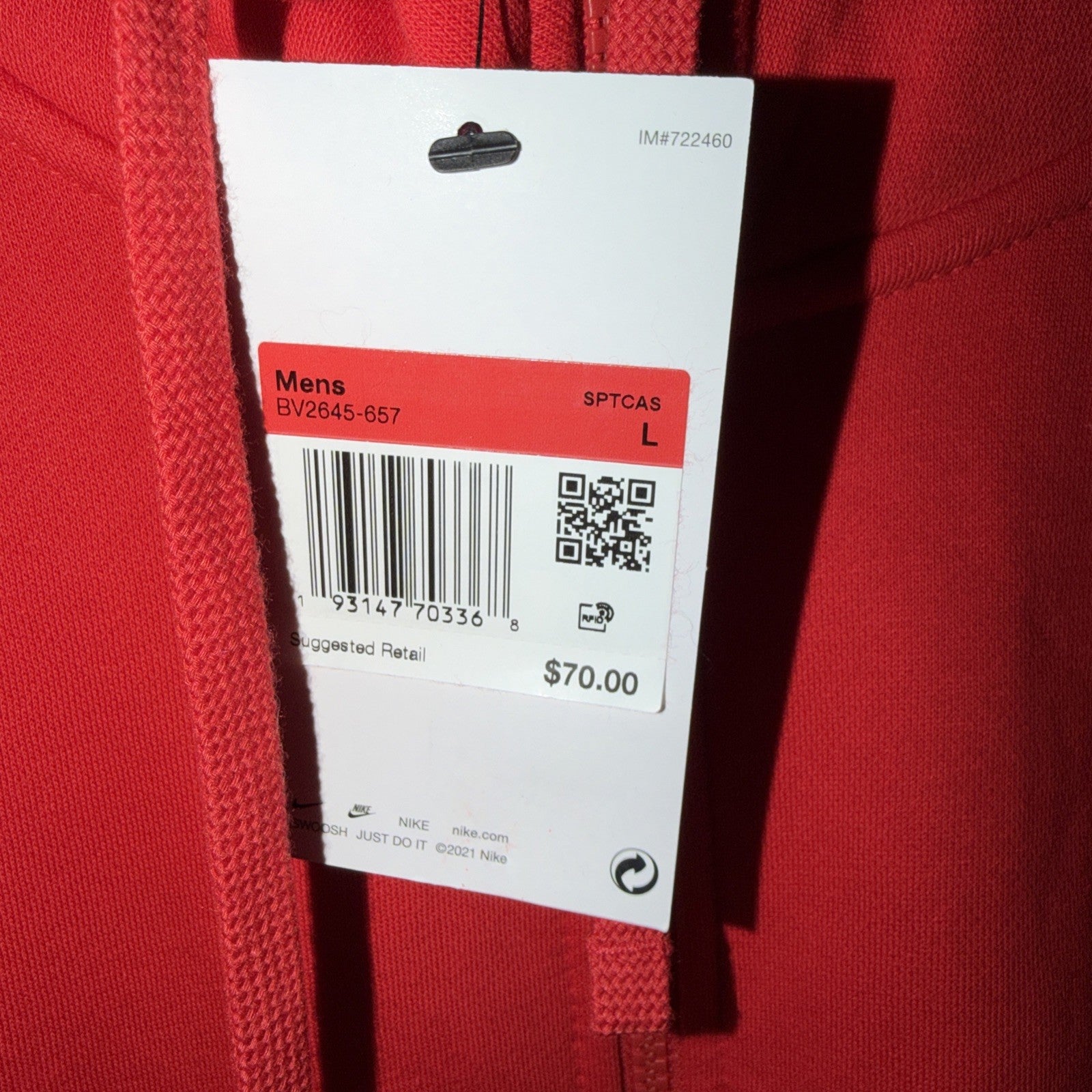 Nike Club Sweatshirt Hoodie Men’s full Zip, Large, University Red 0039-0040