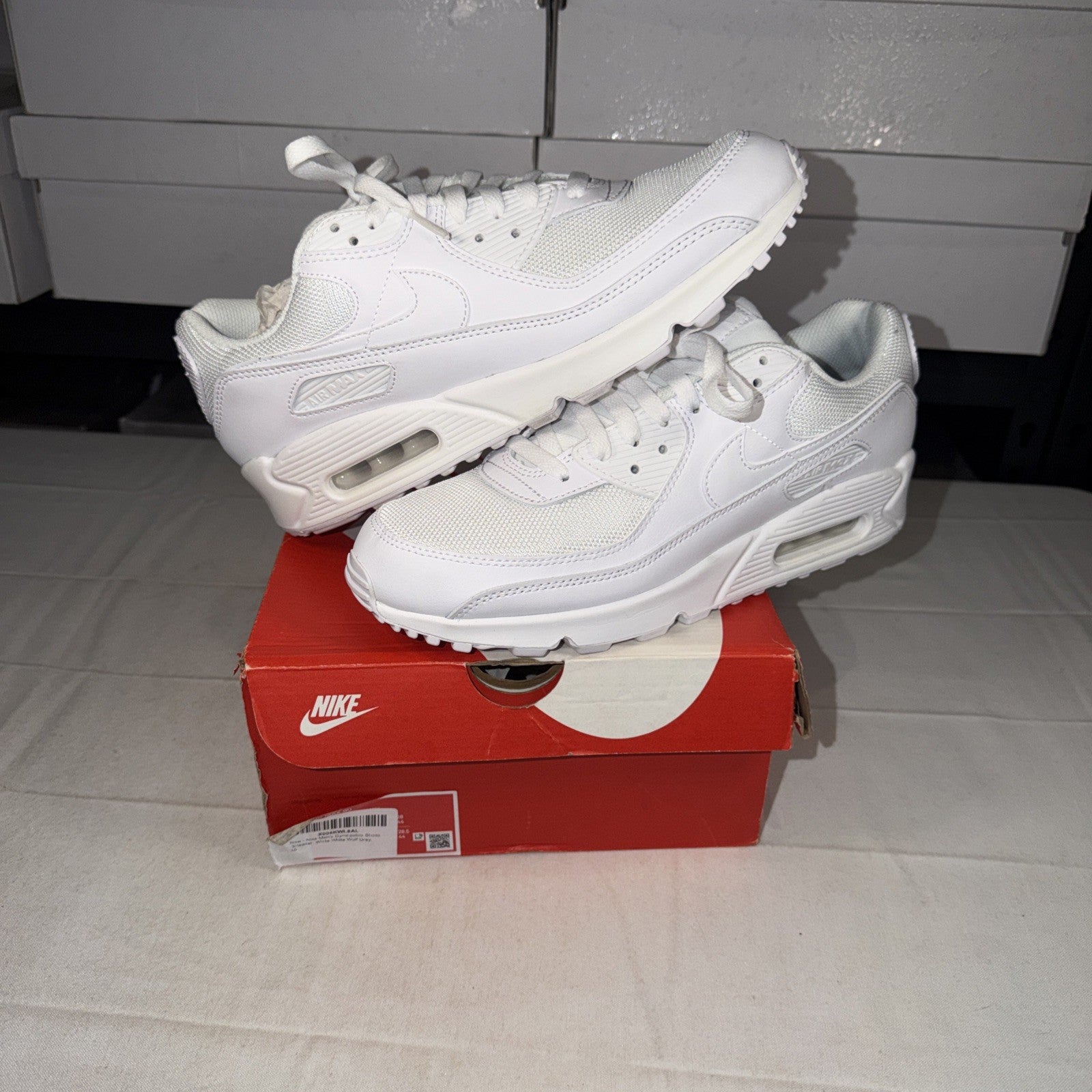 Nike Air Max 90 Size 10 Triple White/Wolf Grey, CN8490-100 TRIED ON